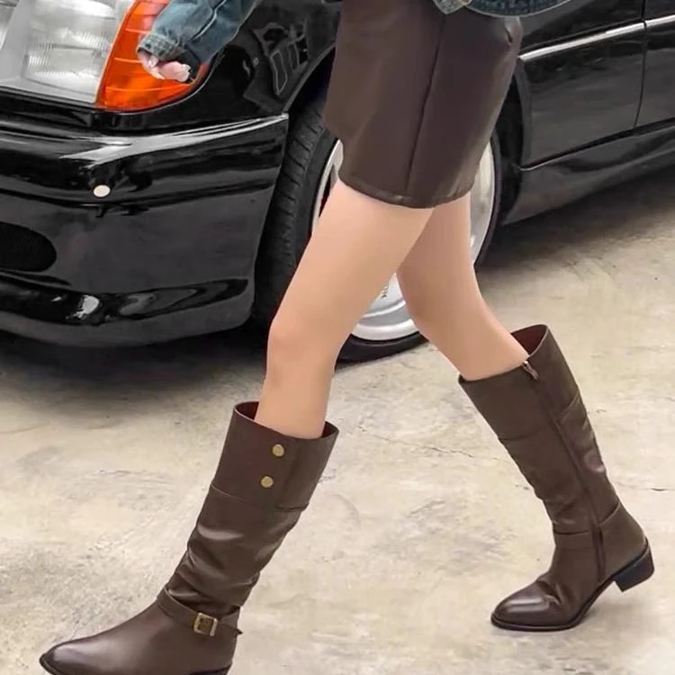 新款尖头粗跟舒适不累脚百搭款长款女靴90M98