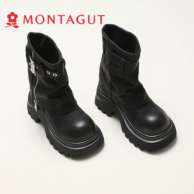 Montagut/梦特娇马丁靴女美拉德秋2025冬季新款复古厚底堆堆短靴