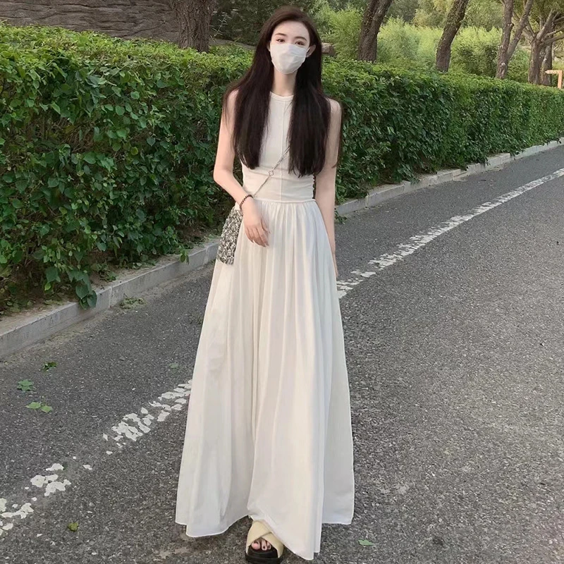 夏季设计感小众法式白色新款复古连衣裙女装长裙收腰显瘦裙子