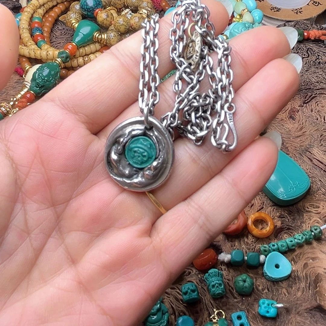 绿松石骷髅银S925镶嵌