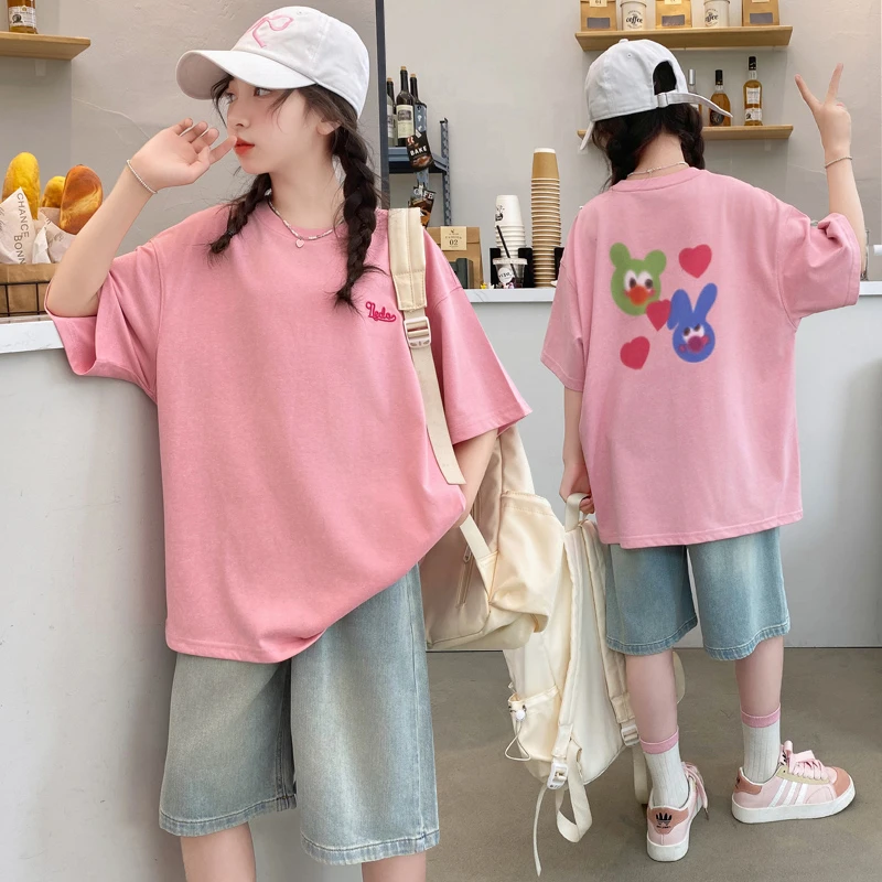 女大童夏天牛仔中裤套装韩版初中生女孩体恤五分裤两件套薄款夏季