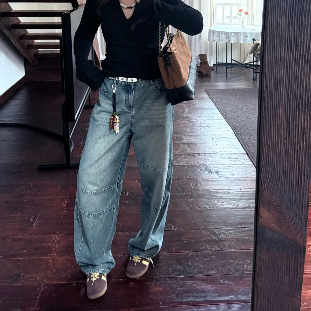 软软【解构弯刀裤】美式复古设计感时尚破缝水洗微喇牛仔裤