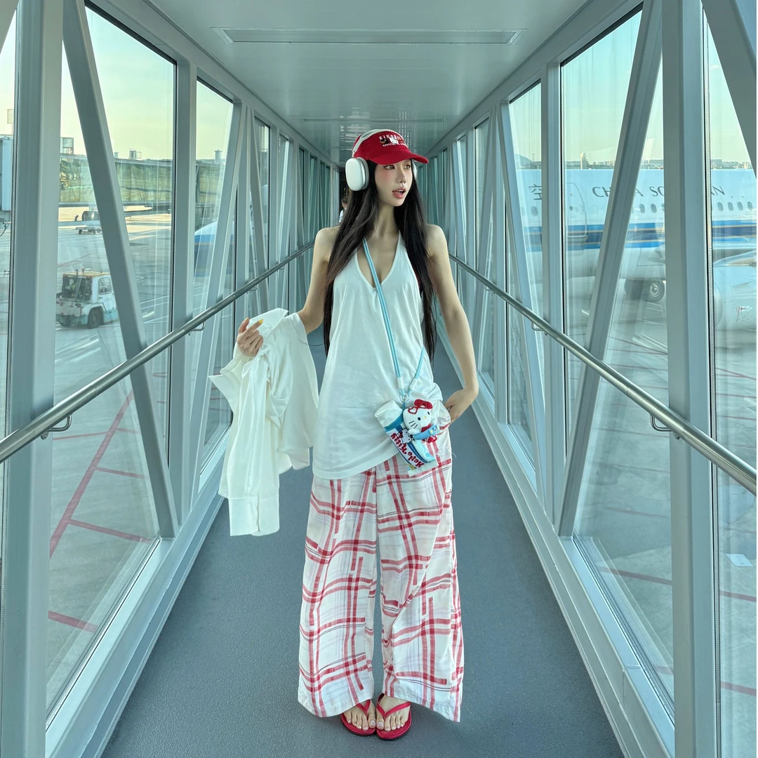 美式性感纯欲白色v领挂脖露背吊带背心女夏季设计感小众辣妹上衣