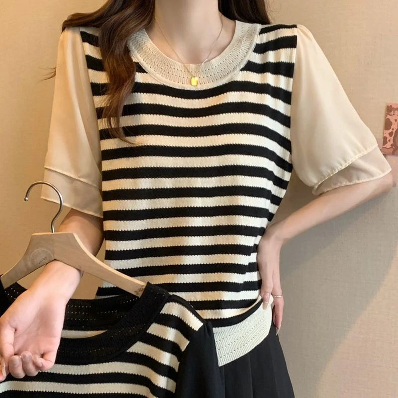 新中式条纹冰丝短袖女t恤2025夏季新款圆领胖mm遮肚显瘦半袖上衣