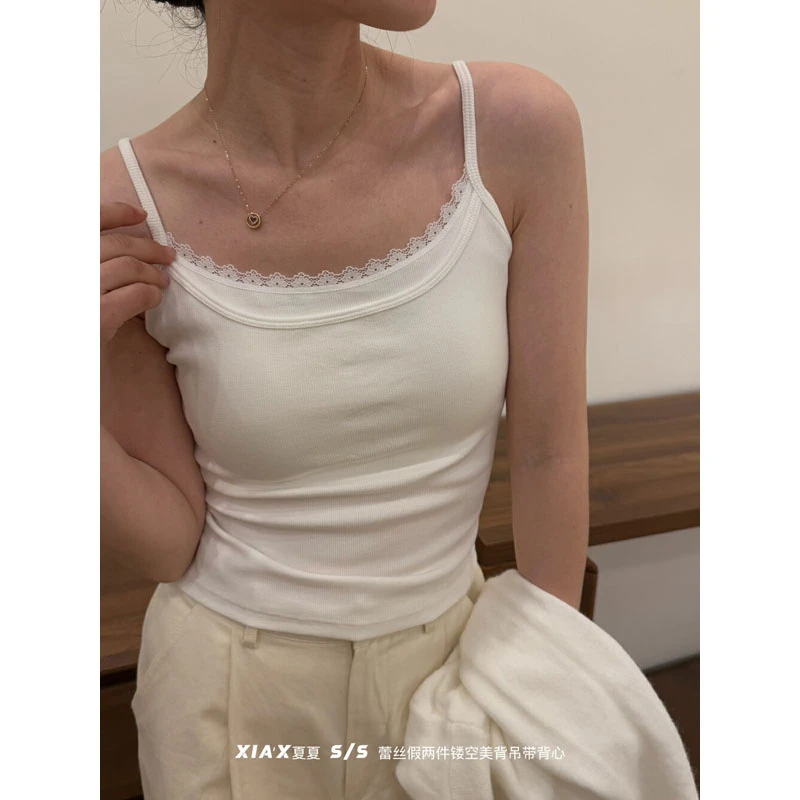 十三行2025春夏新款蕾丝边假两件打底吊带美背一体胸垫背心