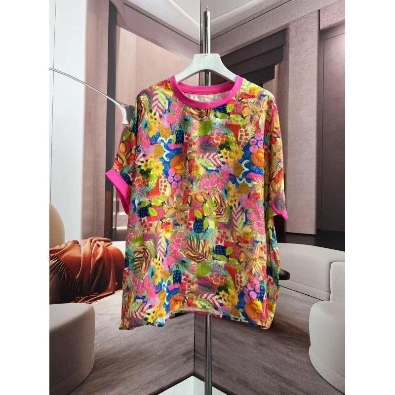 碎叶印花印花2025新款春装韩国原版大码女装洋气百搭宽松上衣