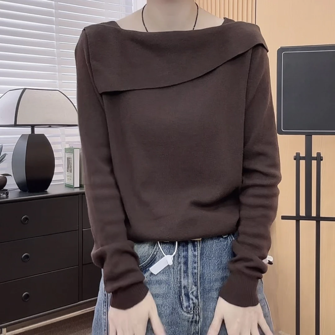 一字翻领设计优雅舒适打底针织衫毛衣25秋季显瘦气质时尚百搭上衣