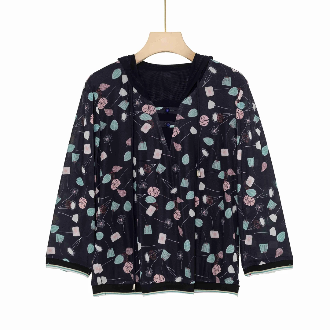 2024夏季新款V领经典碎花休闲透气短袖弹力帽衫百搭显瘦上衣T5071