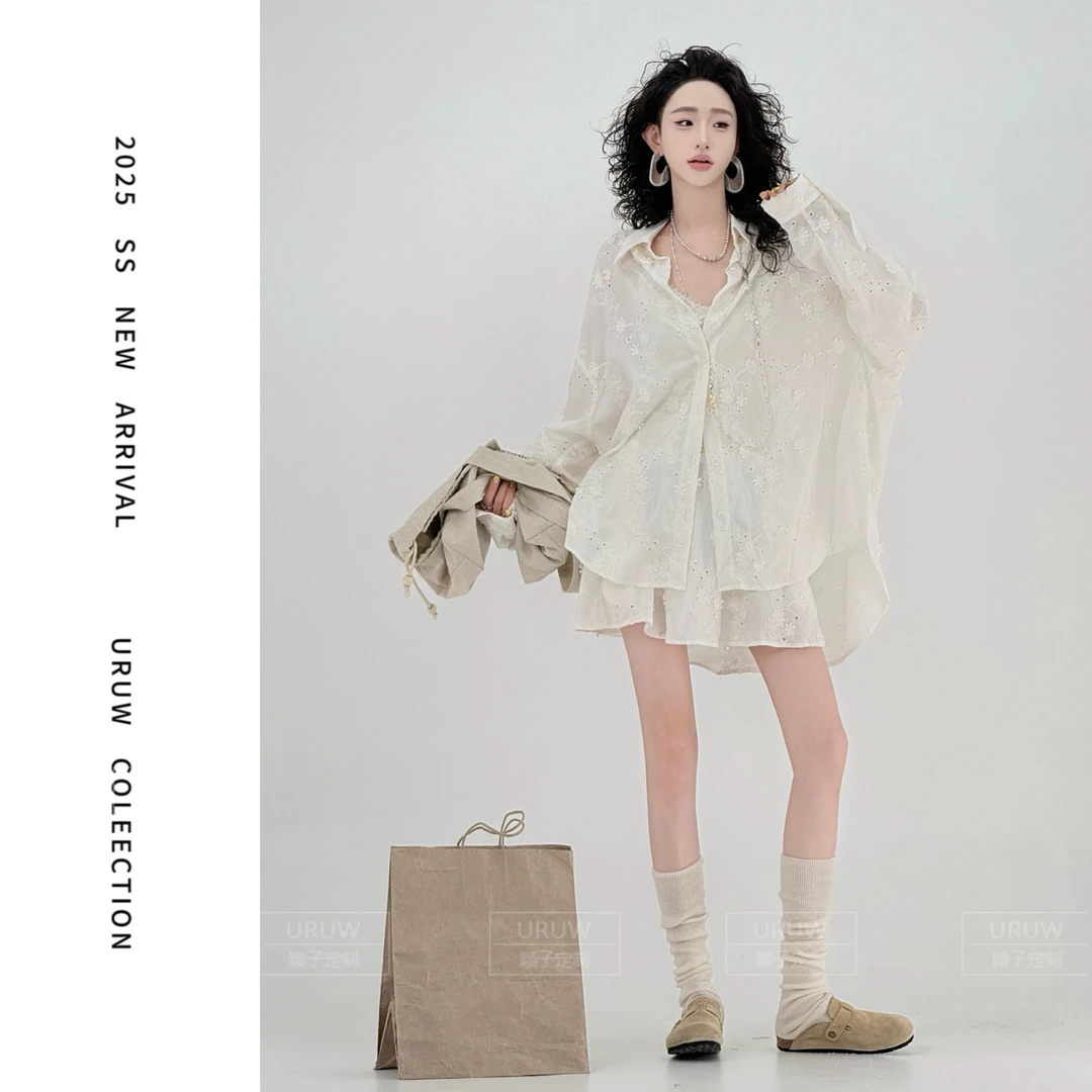 颖子定制【巴黎甜茶】立体花朵镂空长袖衬衫女夏季休闲高腰短裙9506