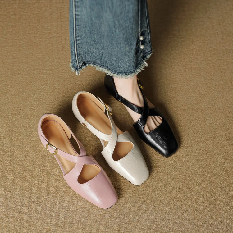 牛皮~3cm夏季新款法式罗马鞋方头百搭真皮侧空单鞋女低跟包头凉鞋