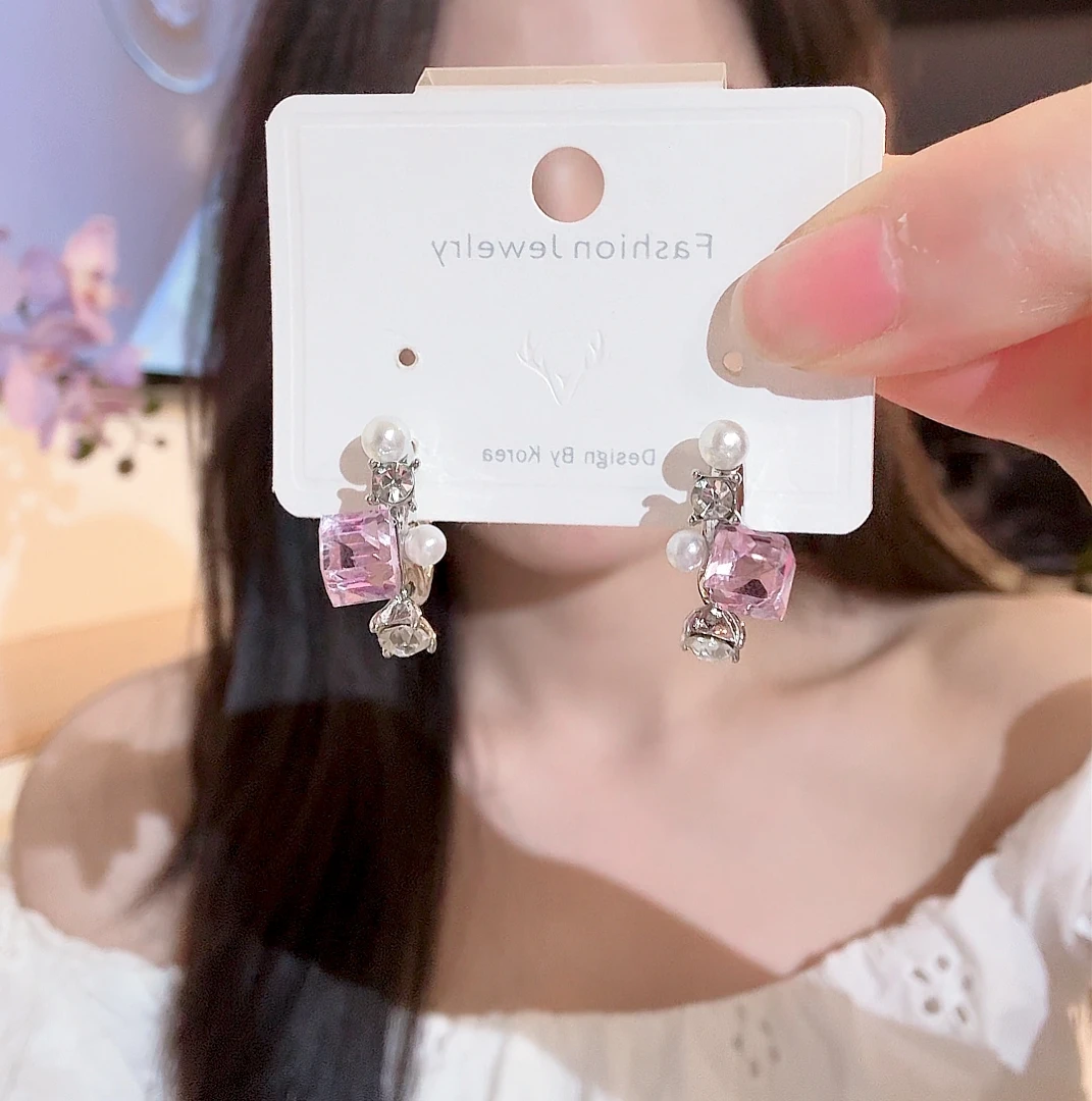 合金仿水晶耳饰 高级感彩色方糖珍珠耳钉女个性小众独特精致显白