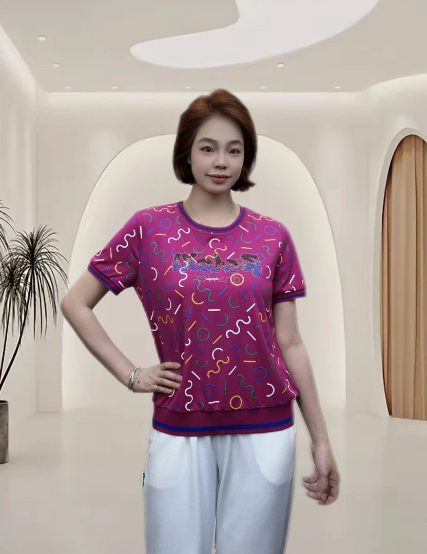 25年夏季新款休闲短袖女小衫大码妈妈宽松气质时尚百搭针织衫紫色