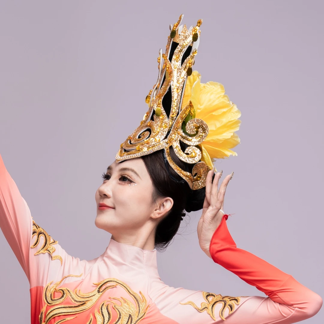2025新款成人大气开场舞头饰民族现代风金色立体舞蹈头饰手工发饰