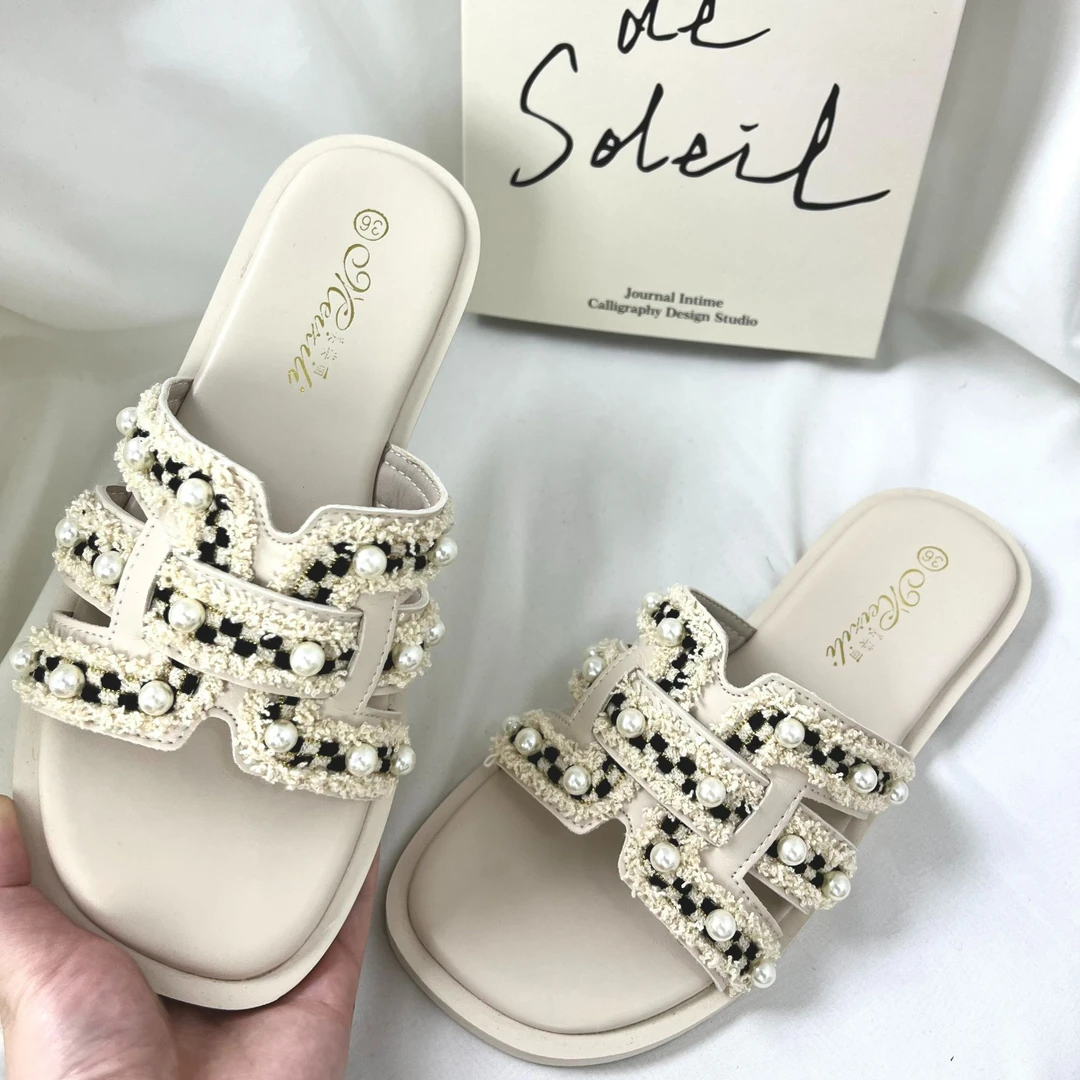 夏季日常通勤编制小香风一字拖百搭韩版平底拖鞋