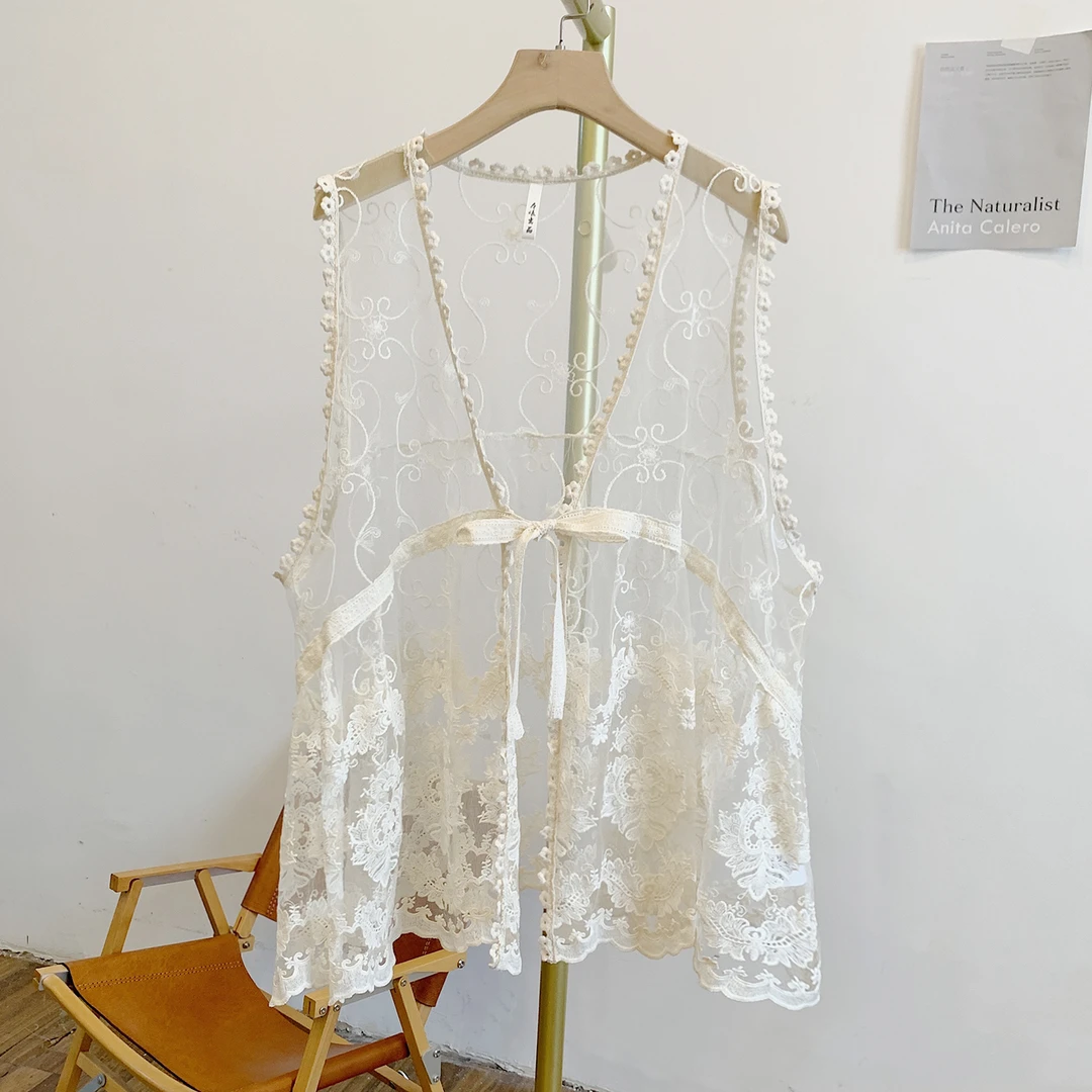 蕾丝短马甲C4154刺绣蕾丝系带V领开衫马甲