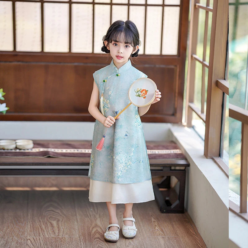 新中式儿童旗袍裙改良版汉服中国风夏季女童假两件连衣裙雪纺裙子