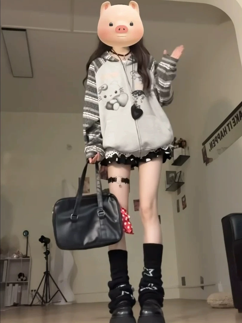 纯棉美式甜酷风可爱连帽卫衣女秋冬宽松慵懒ins高街百搭情侣外套