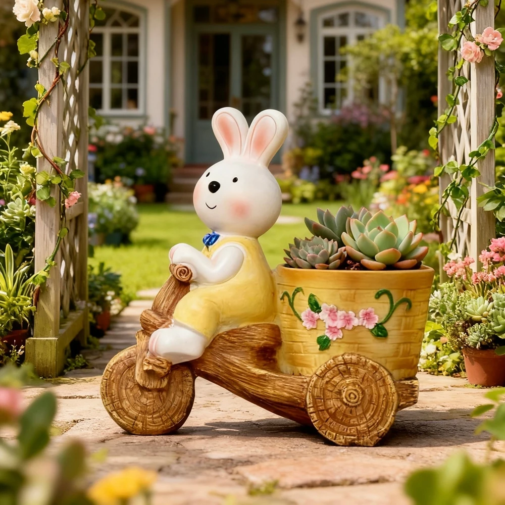 户外小兔子骑车花盆庭院花园阳台多肉种植盆栽创意花缸园林装饰品