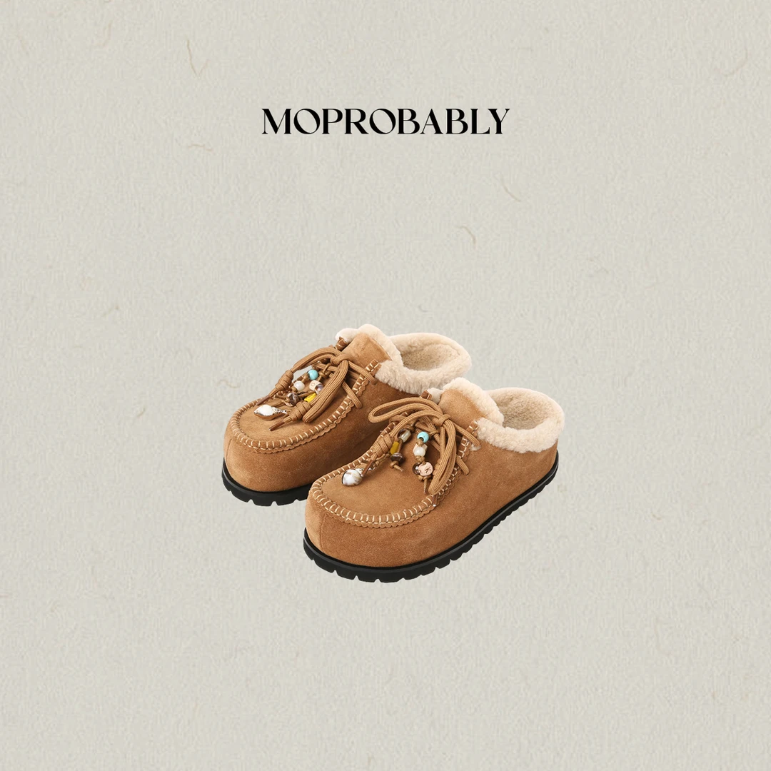 Moprobably李予诺 复古百搭趣味绑带加绒一脚蹬勃肯半拖L5413001