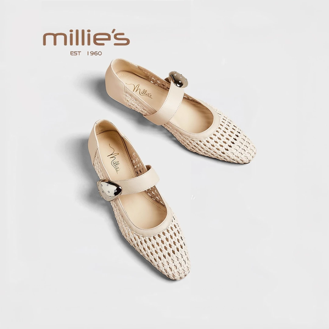 MILLIE'S/妙丽夏季舒适简约单鞋小众编制玛丽珍鞋轻便时尚平底鞋