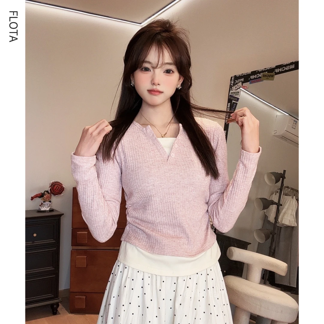 【flota】欧若风韩系假两件V领竖坑条纹修身显瘦长袖针织上衣2204XJ