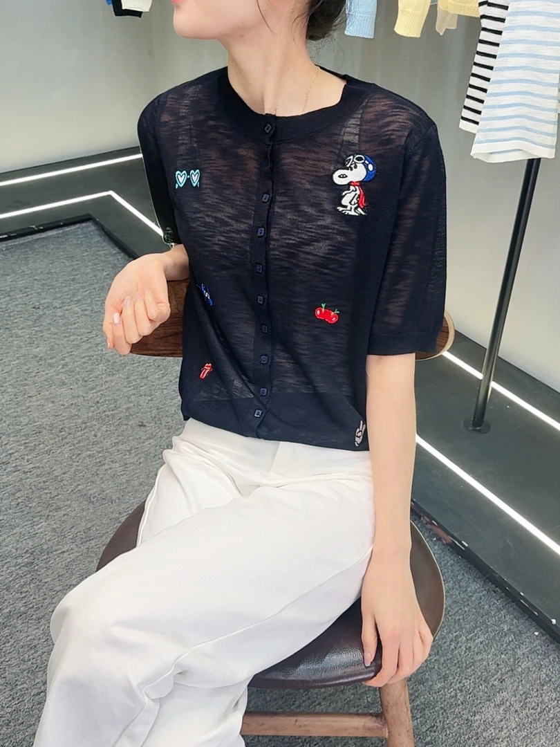 宝藏方扣童趣卡通刺绣单排扣薄款针织短袖开衫