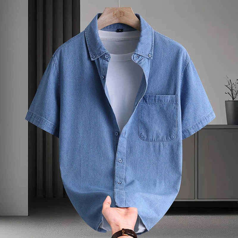 夏季新款透气舒适水洗棉牛仔衬衫男士复古做旧休闲短袖衬衣男装