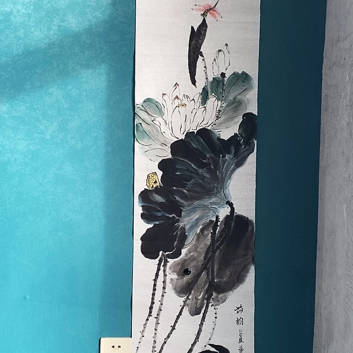 国画四尺对开荷花作品