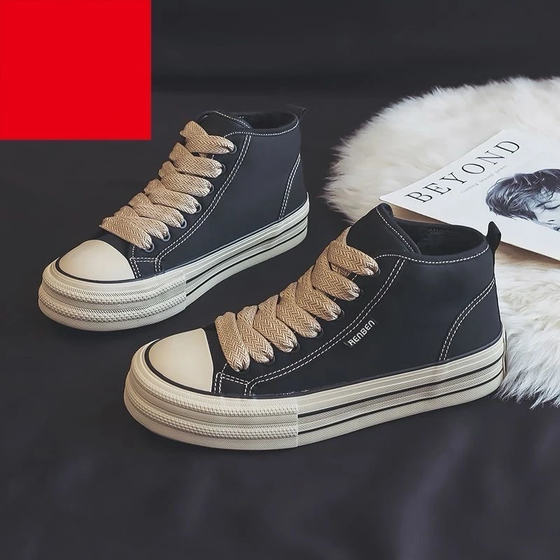 黑色男鞋2025秋冬男士加绒高帮帆布鞋复古百搭潮流厚底二棉男板鞋