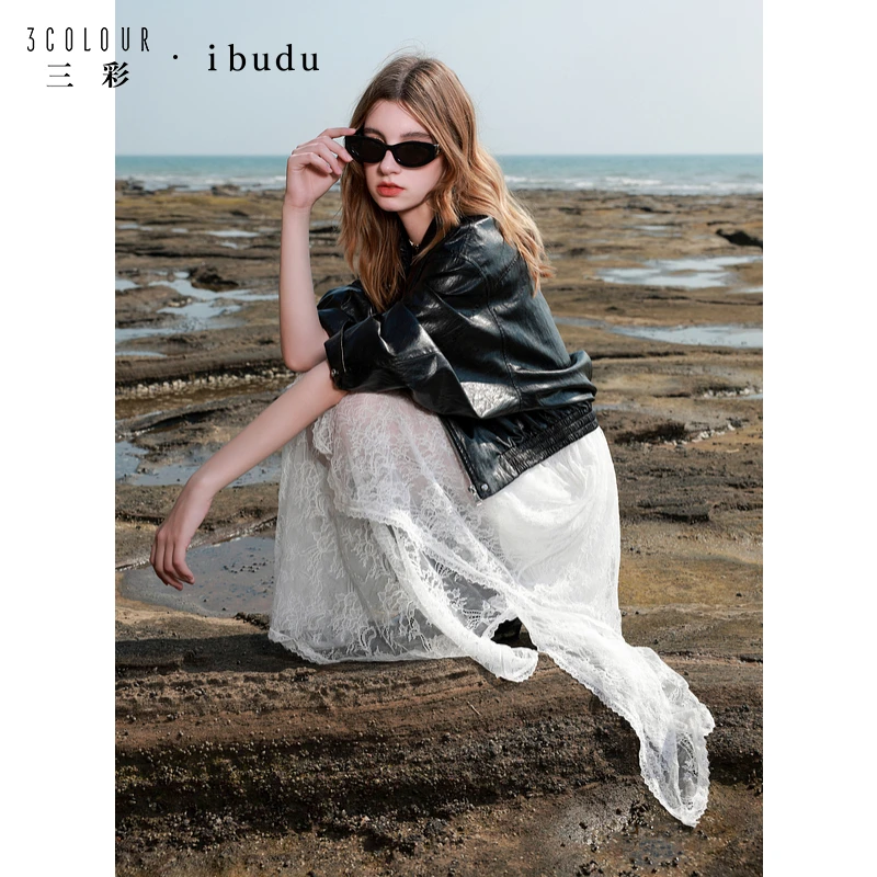三彩ibudu2025春季新款花朵蕾丝连衣裙V领吊带长裙两件套女
