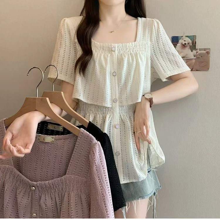 常规方领宽松型常规款大码衬衫薄款短袖千金风设计感法式法式