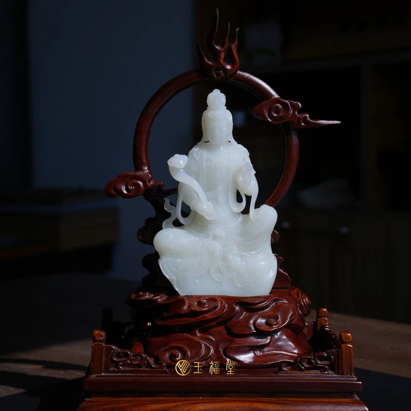 玉福堂|新疆和田玉且末料白玉摆件玉观音