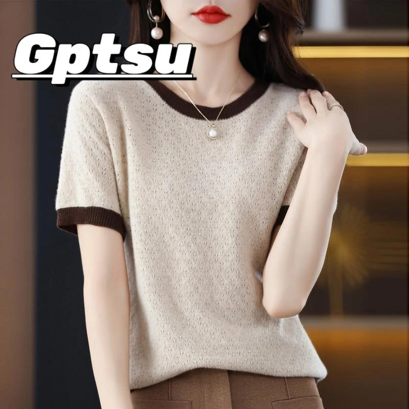 GPTSu圆领拼色短袖小衫女夏装洋气百搭镂空t恤套头显瘦冰丝针织衫