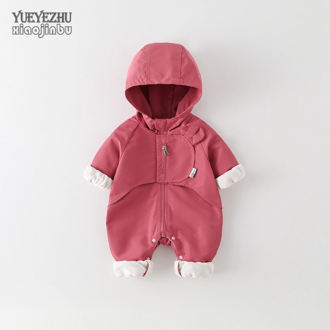 宝宝加绒冲锋衣外套秋装婴儿衣服秋冬薄绒外出连体衣休闲连帽哈衣
