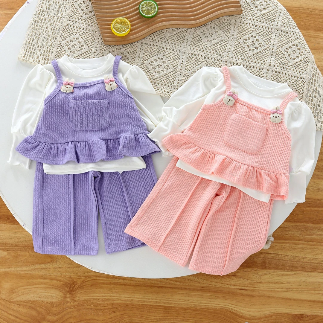 J秋季新款儿童甜美可爱宽吊带三件套宝宝韩版甜美休闲三件套装Q44