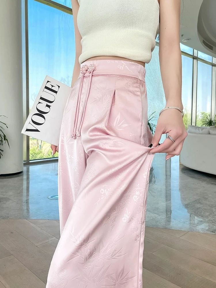 杏色提花阔腿裤女裤女新款芭蕾风春国风高腰垂感学生休闲阔腿裤子
