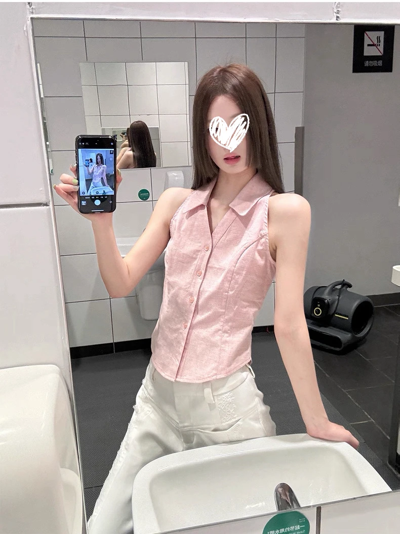 显瘦挂脖背心无袖粉色吊带上衣