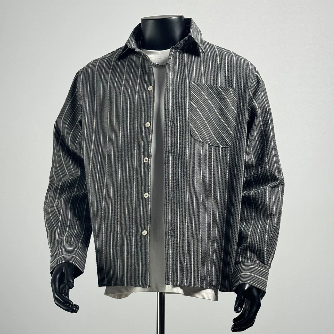 DeweLvum简约条纹翻领长袖衬衫男宽松百搭休闲外套撞色男士衬衫潮