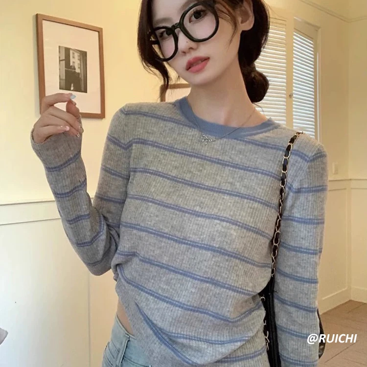 韩版针织撞色条纹圆领上衣2025秋季新款休闲通勤风薄款上衣女