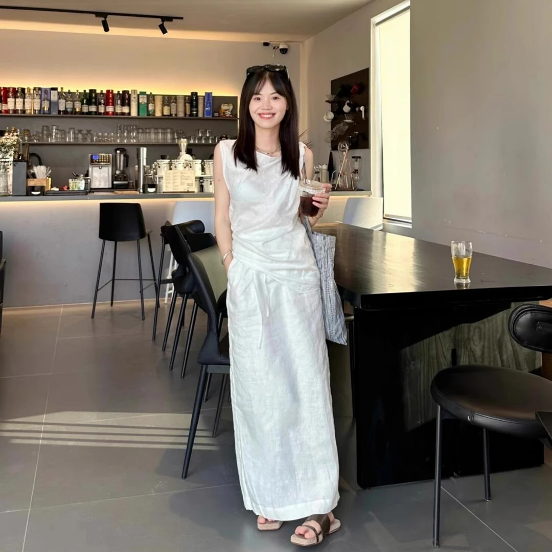 韩系白色亚麻马甲套装裙女2025夏季新款气质无袖上衣半身裙两件套