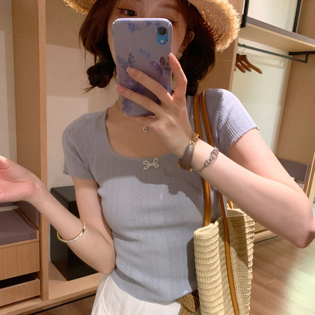 【芝士Cheese】晴夏海风 夏季甜美精致蝴蝶结气质修身针织衫小衫