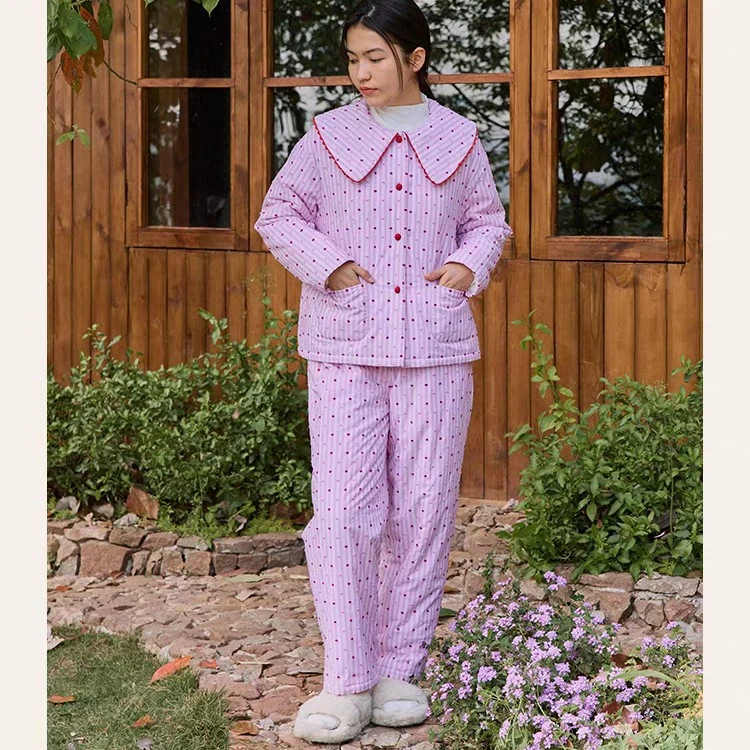 【海琴内衣专属】252-023朵朵可可睡衣女秋冬粉加绒保暖夹棉家居服