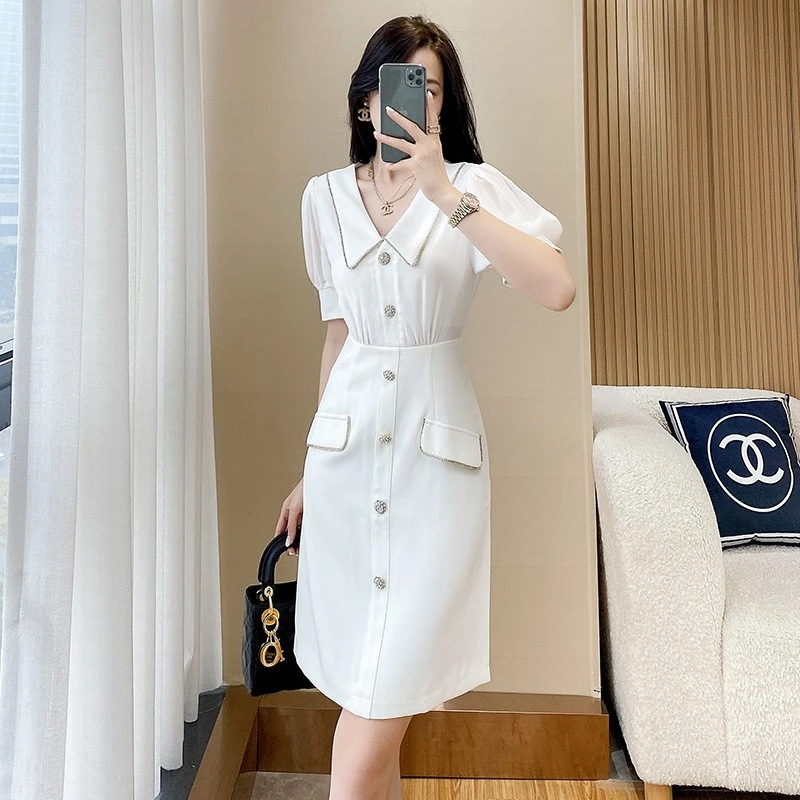 VONSRMAN气质白色小香风短袖连衣裙2025年新款夏季法式小个子修身