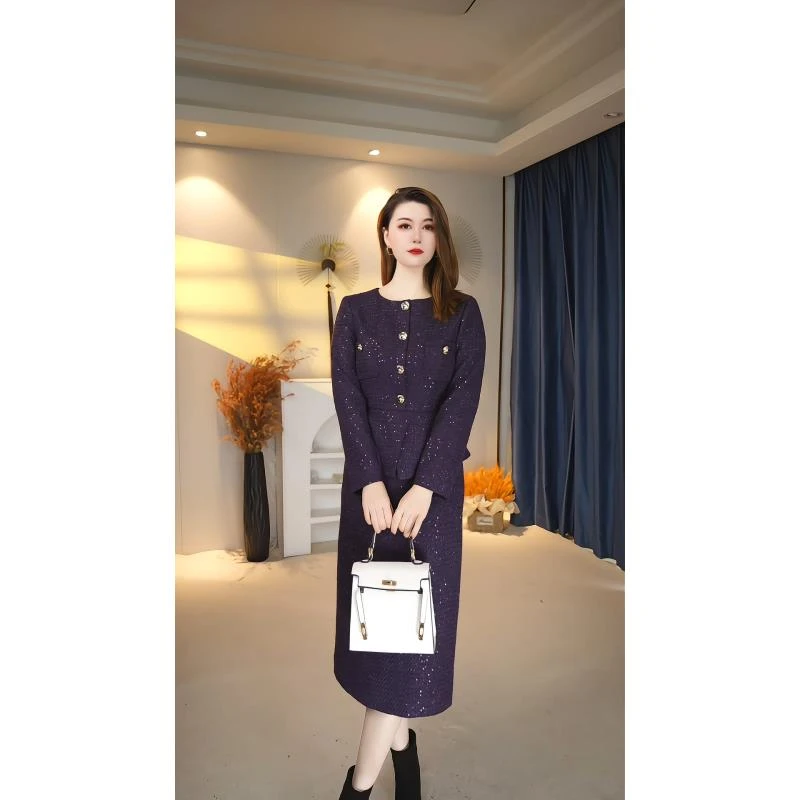 紫色假两件套小香时尚优雅轻奢高定精纺羊 毛显瘦连衣裙年 B1828