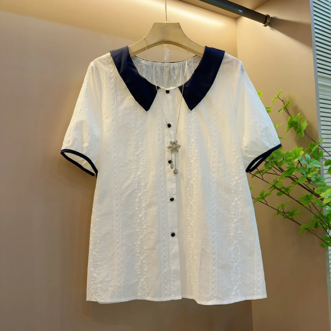 2025夏季新款洋气减龄娃娃领校园风撞色洋气短袖上衣（长62左右）