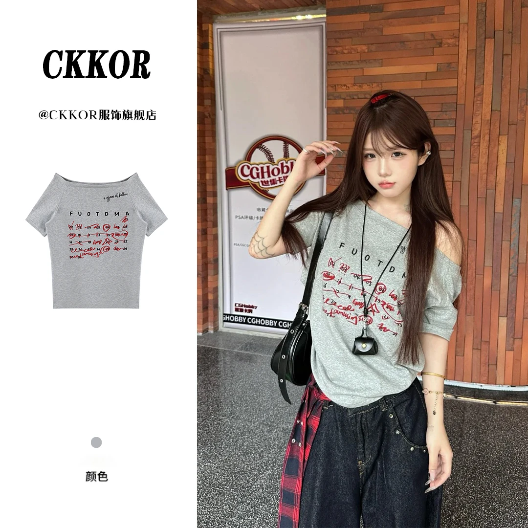 CKKOR夏季新款斜肩短袖t恤女国潮复古休闲宽松显瘦百搭一字领上衣