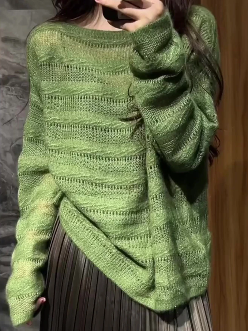 超好看气质百搭舒适休闲抹茶绿上衣女2025早秋圆领薄款长袖针织衫