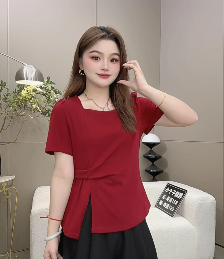 小个子微胖大码方领不规则短袖女夏季新款设计感不规则小众上衣