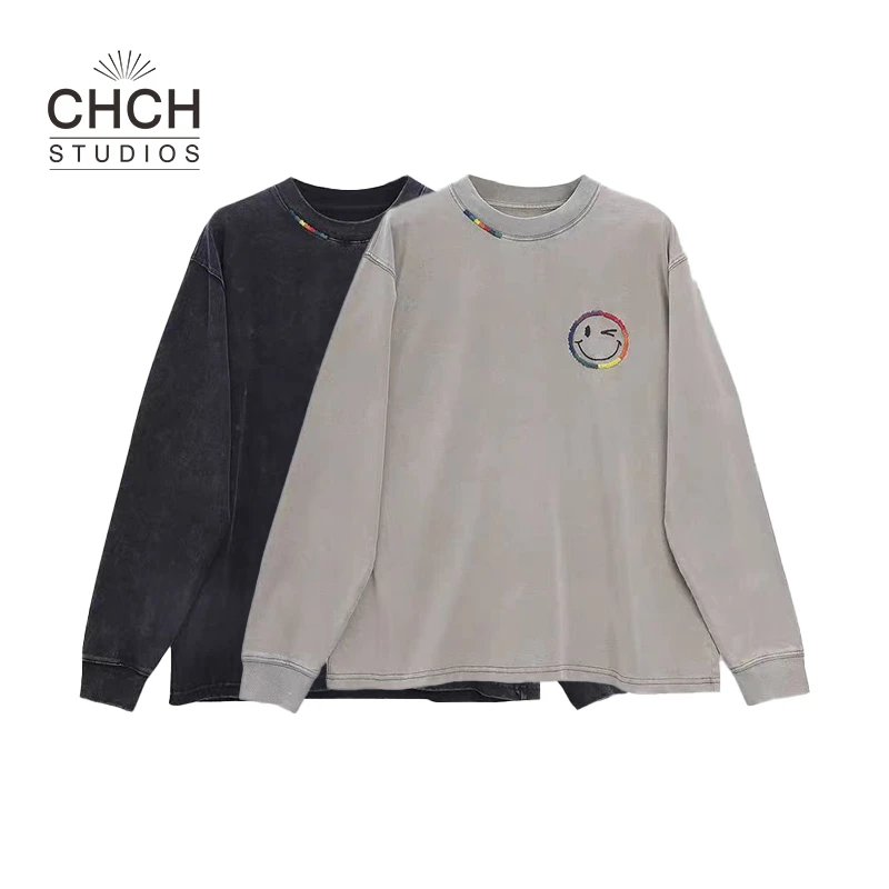 RAQTX12396春季新款百搭宽松笑脸长袖圆领T恤打底衫女上衣潮流