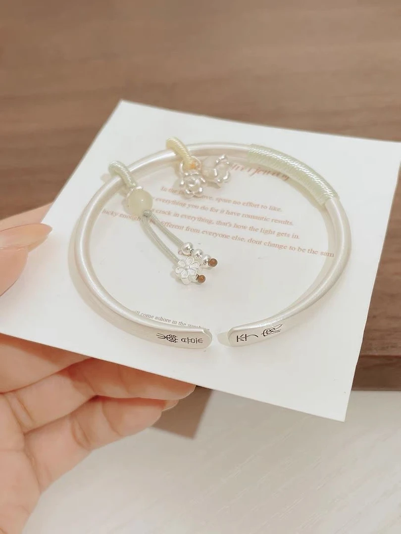 足银手镯 平安喜乐纯银999银手镯女复古年轻款古法送女友七夕礼物